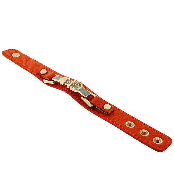 Orange PU Leather Yellow Gold-Tone Turquoise-Tone Belt Buckle Snap Wristband Bracelet