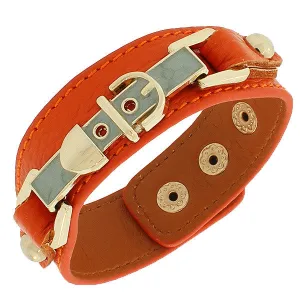 Orange PU Leather Yellow Gold-Tone Turquoise-Tone Belt Buckle Snap Wristband Bracelet