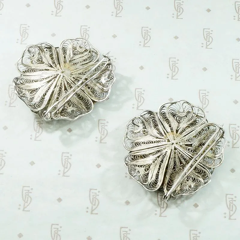 Pair of Matched Silver Filigree Flower Brooches