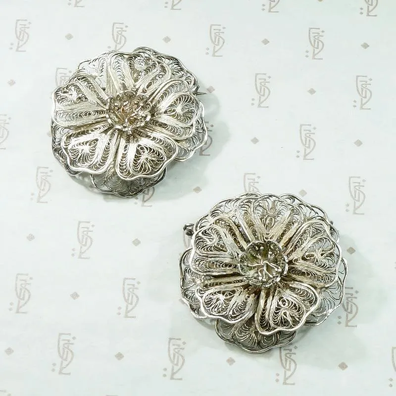 Pair of Matched Silver Filigree Flower Brooches