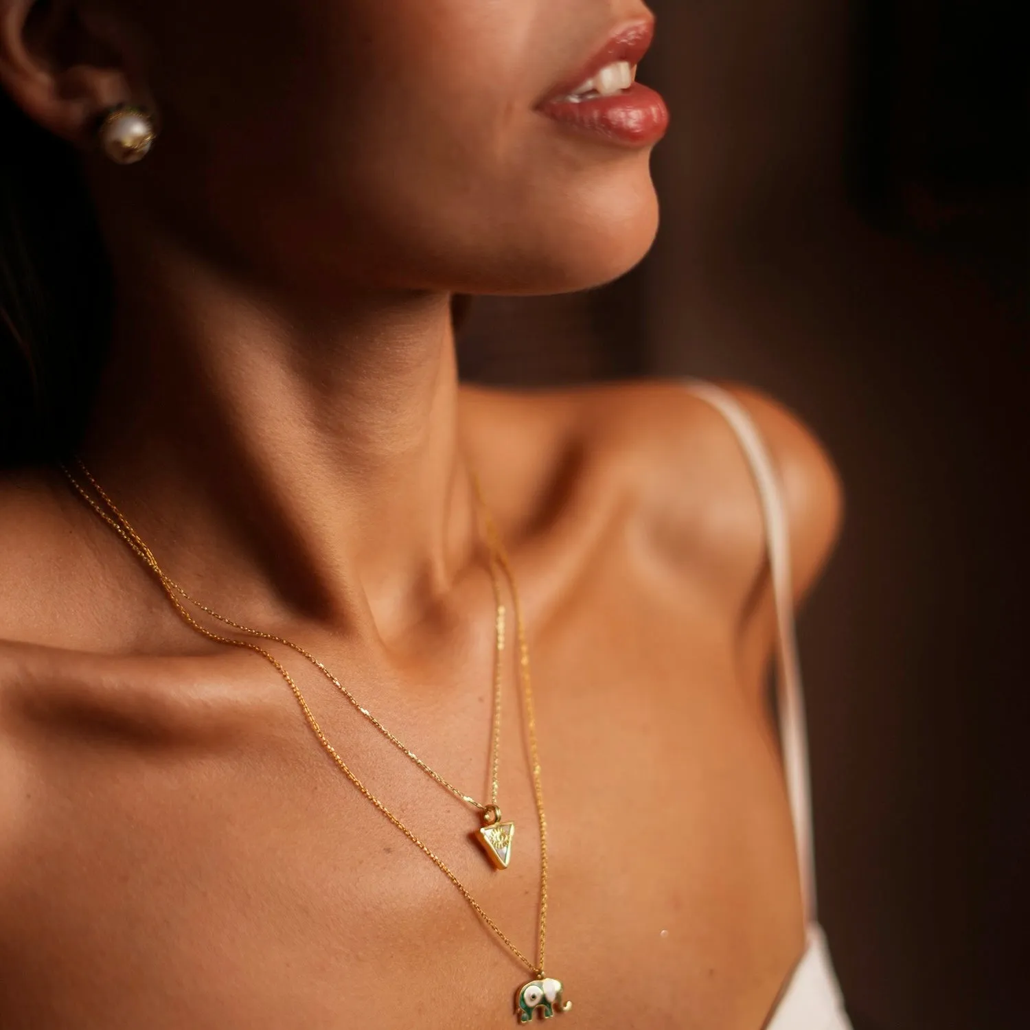 Pearl & Gold Triangle Pendant Evil Eye Talisman Necklace