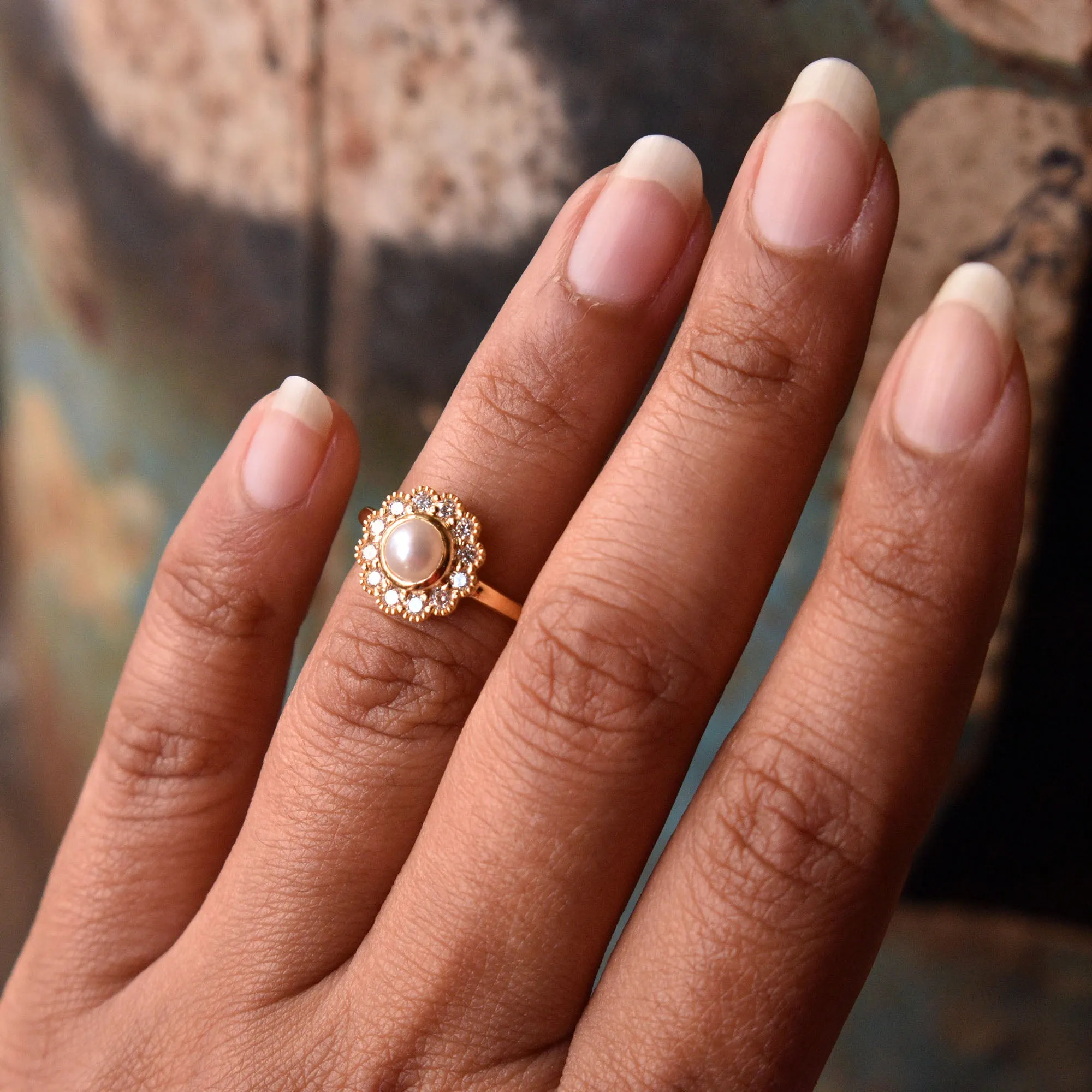 Pearl Engagement Ring with Diamond Halo and  Floral Milgrain Scallop