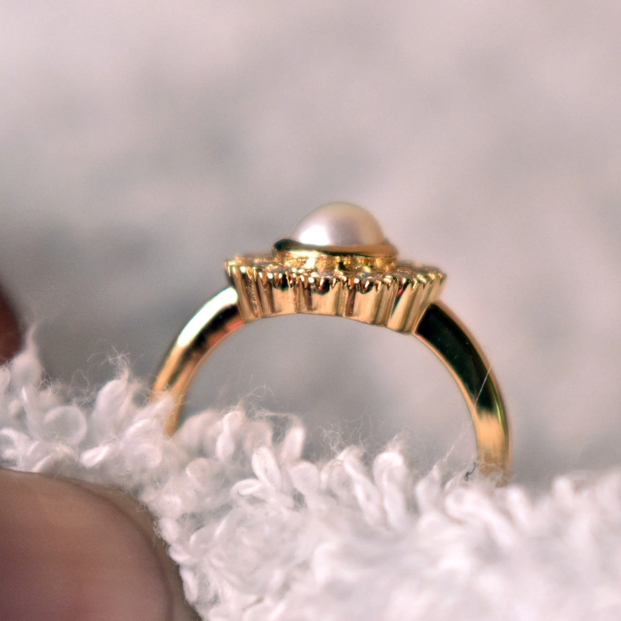 Pearl Engagement Ring with Diamond Halo and  Floral Milgrain Scallop