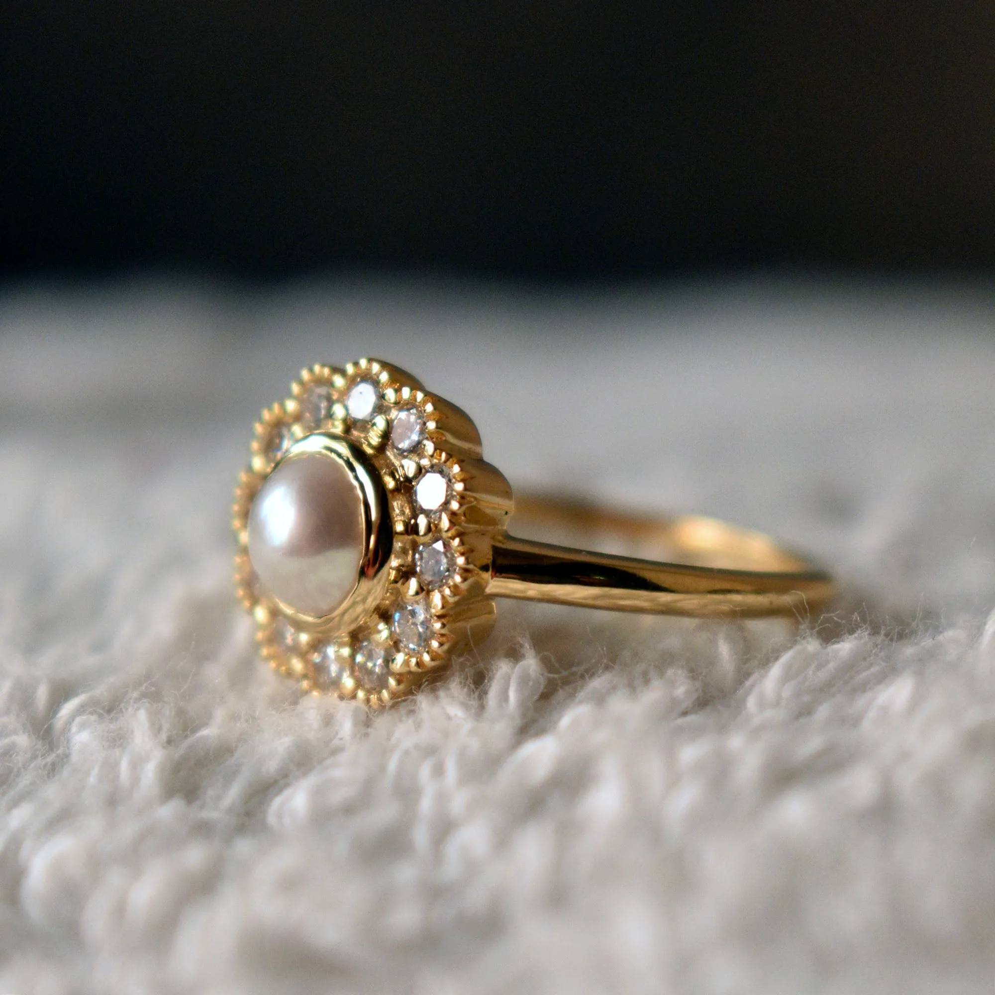 Pearl Engagement Ring with Diamond Halo and  Floral Milgrain Scallop