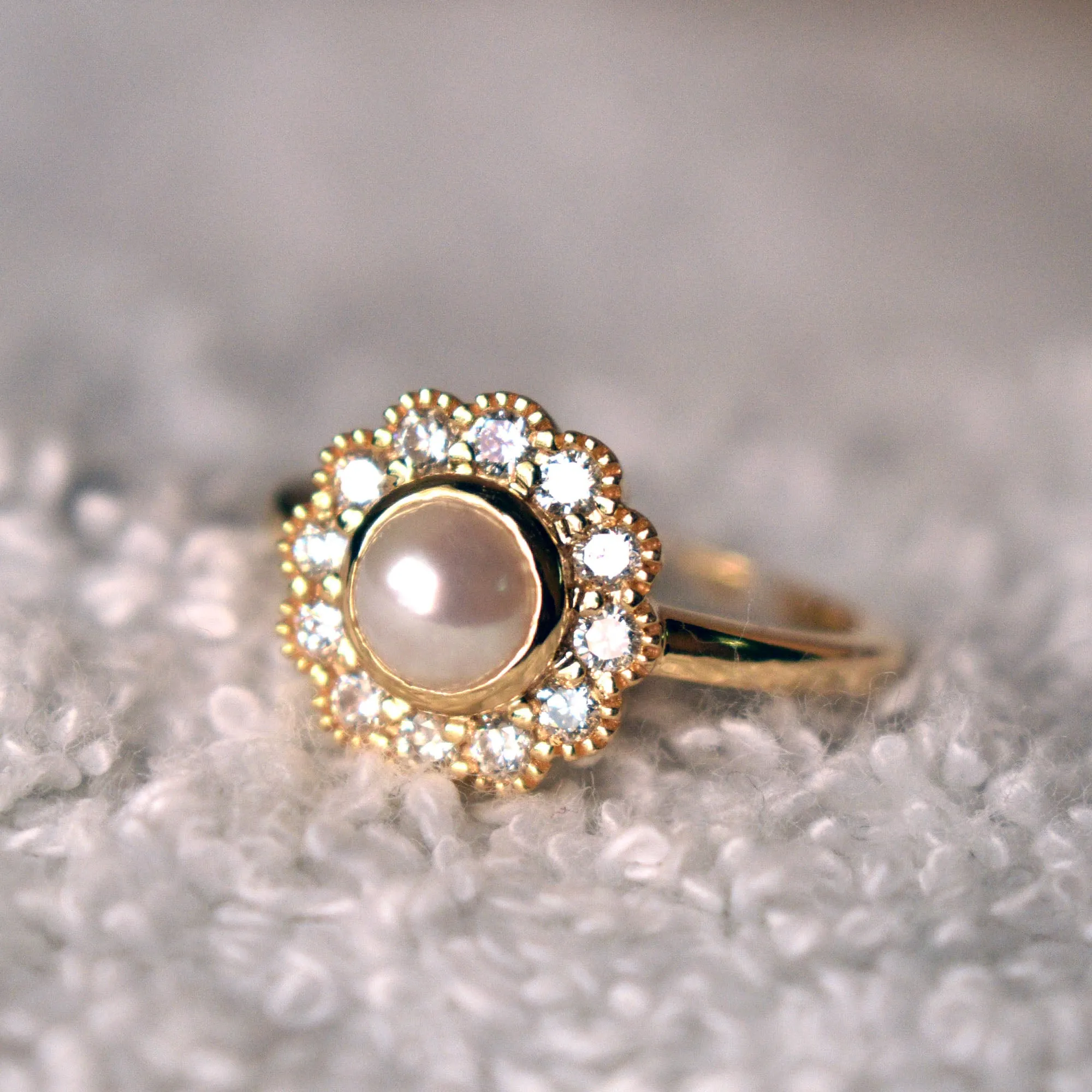 Pearl Engagement Ring with Diamond Halo and  Floral Milgrain Scallop