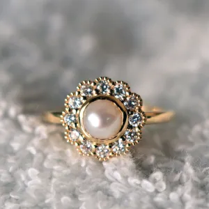 Pearl Engagement Ring with Diamond Halo and  Floral Milgrain Scallop
