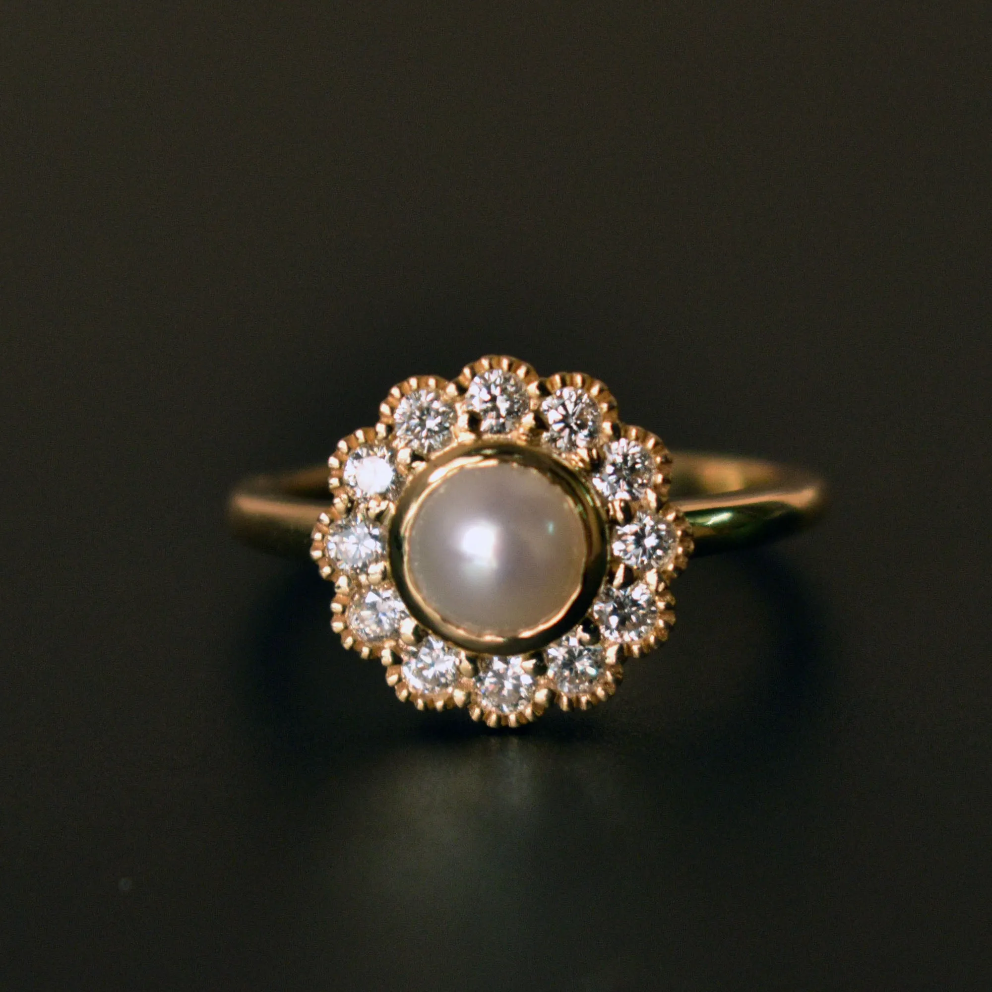 Pearl Engagement Ring with Diamond Halo and  Floral Milgrain Scallop