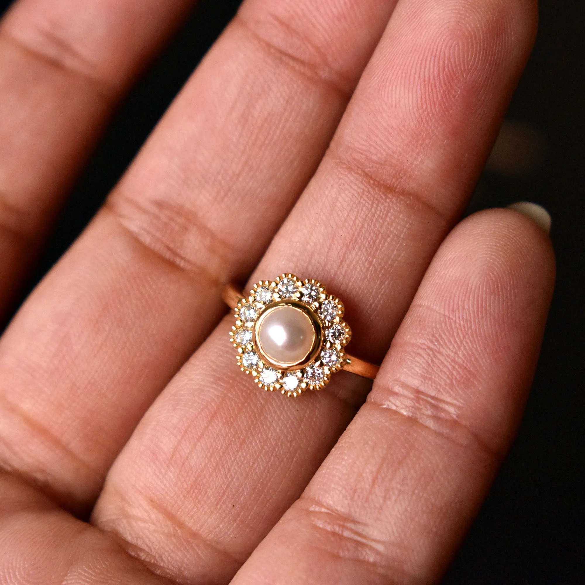 Pearl Engagement Ring with Diamond Halo and  Floral Milgrain Scallop