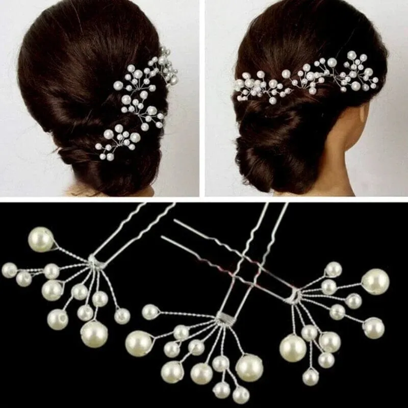 Pearl Starburst Bridal Hairpin Set, Wedding Silver Wire Pearl Hair Pins, Minimalist Bridal Pearl Headpins