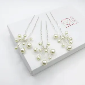 Pearl Starburst Bridal Hairpin Set, Wedding Silver Wire Pearl Hair Pins, Minimalist Bridal Pearl Headpins