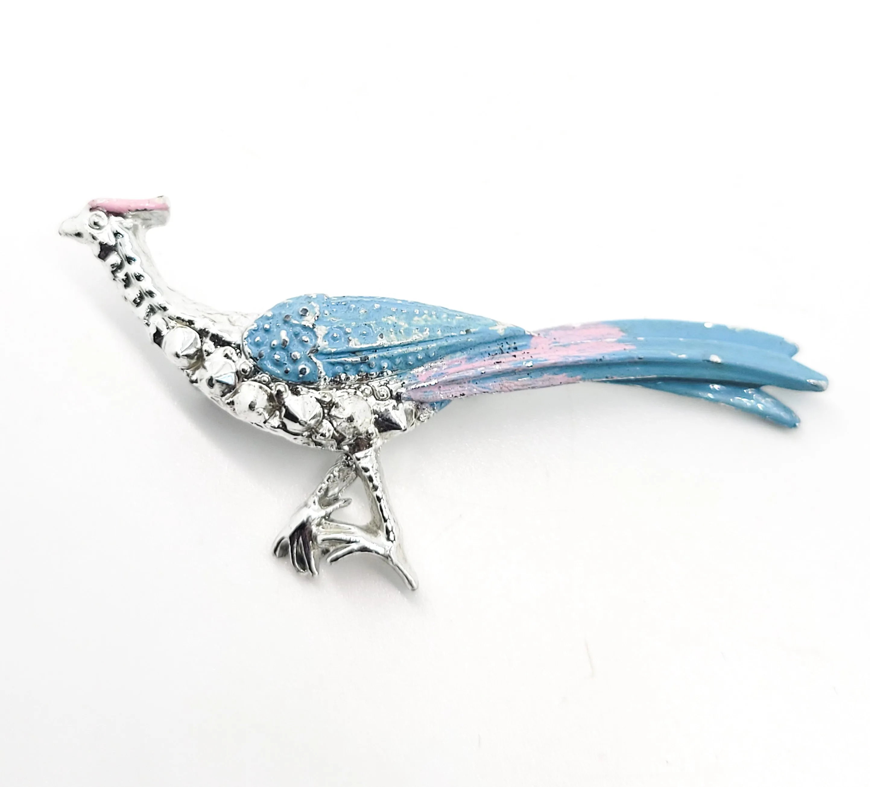 Pheasant vintage silver toned pink and blue enamel bird brooch