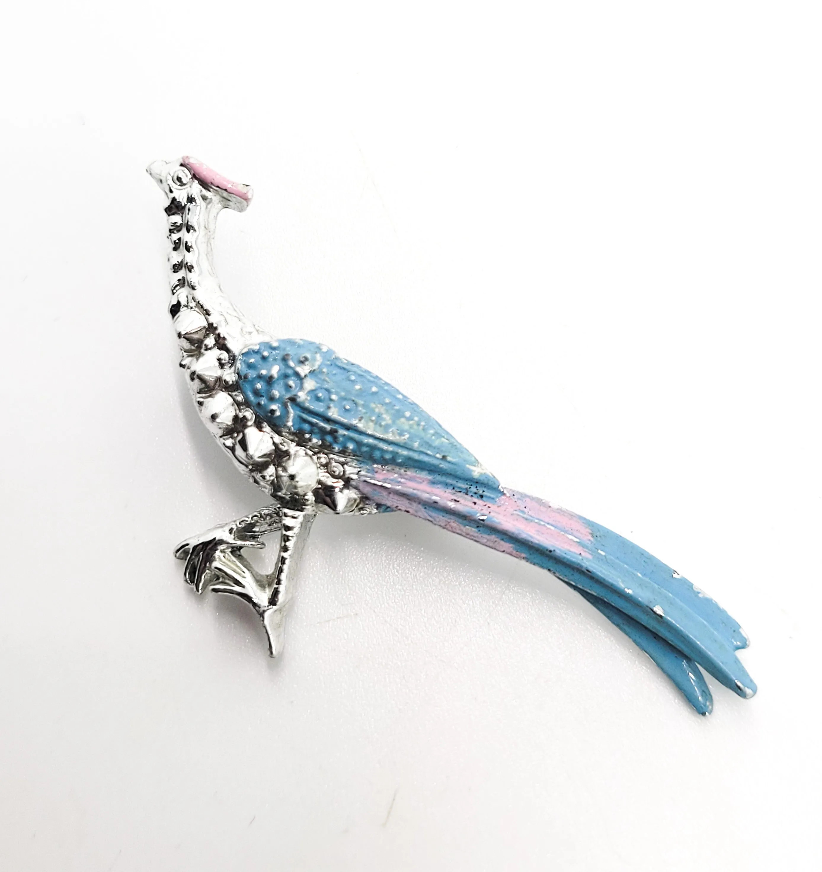 Pheasant vintage silver toned pink and blue enamel bird brooch