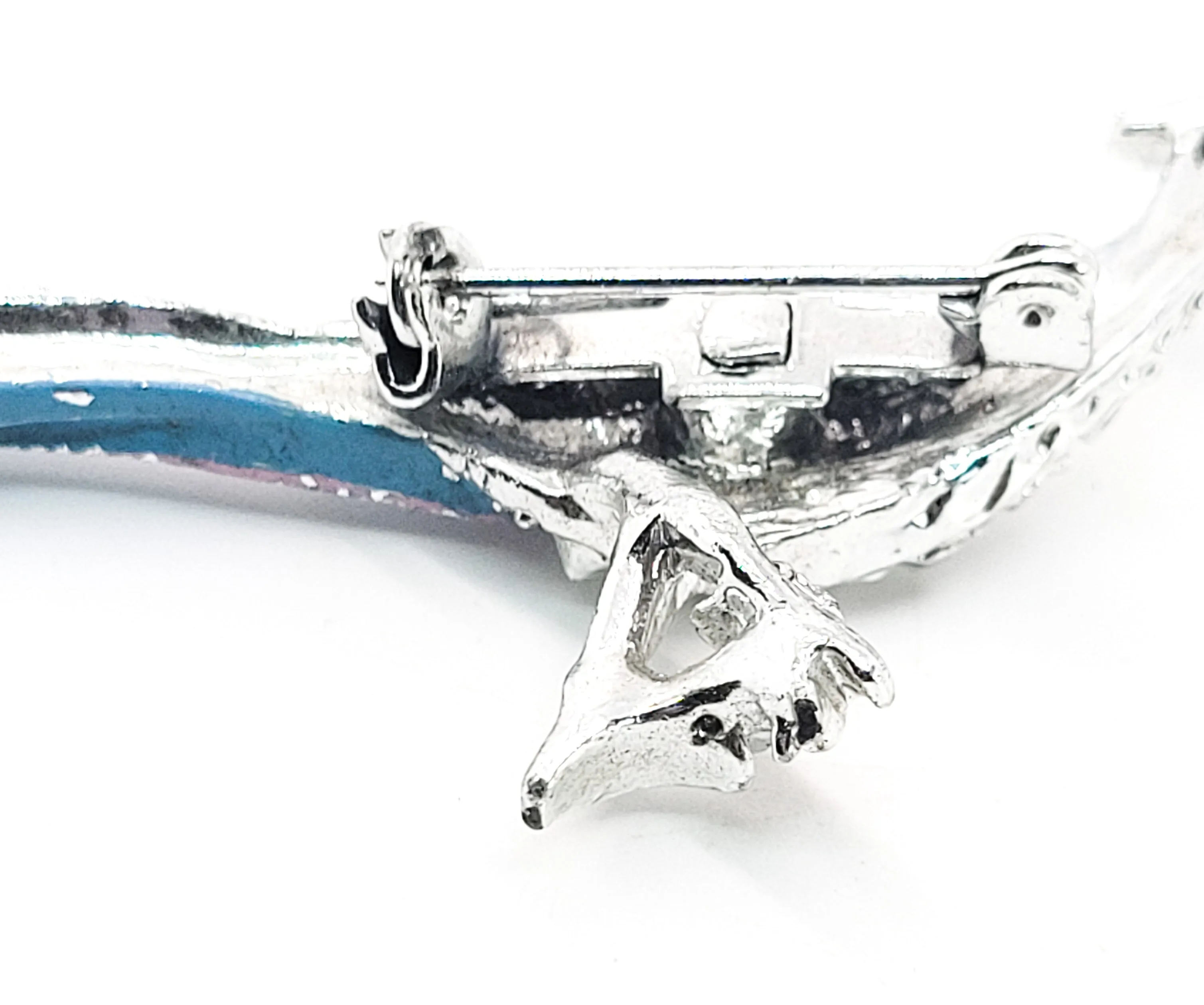 Pheasant vintage silver toned pink and blue enamel bird brooch
