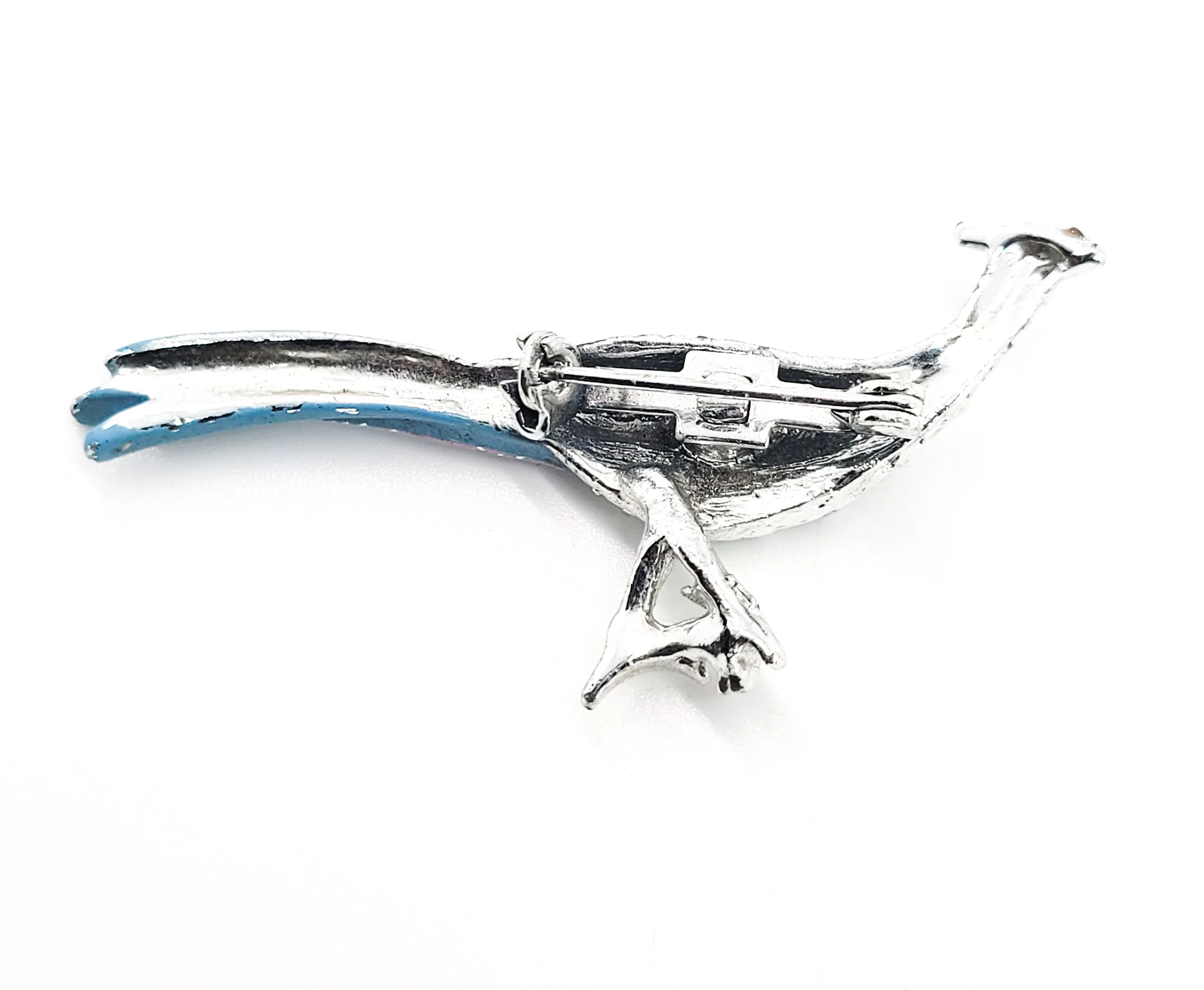 Pheasant vintage silver toned pink and blue enamel bird brooch