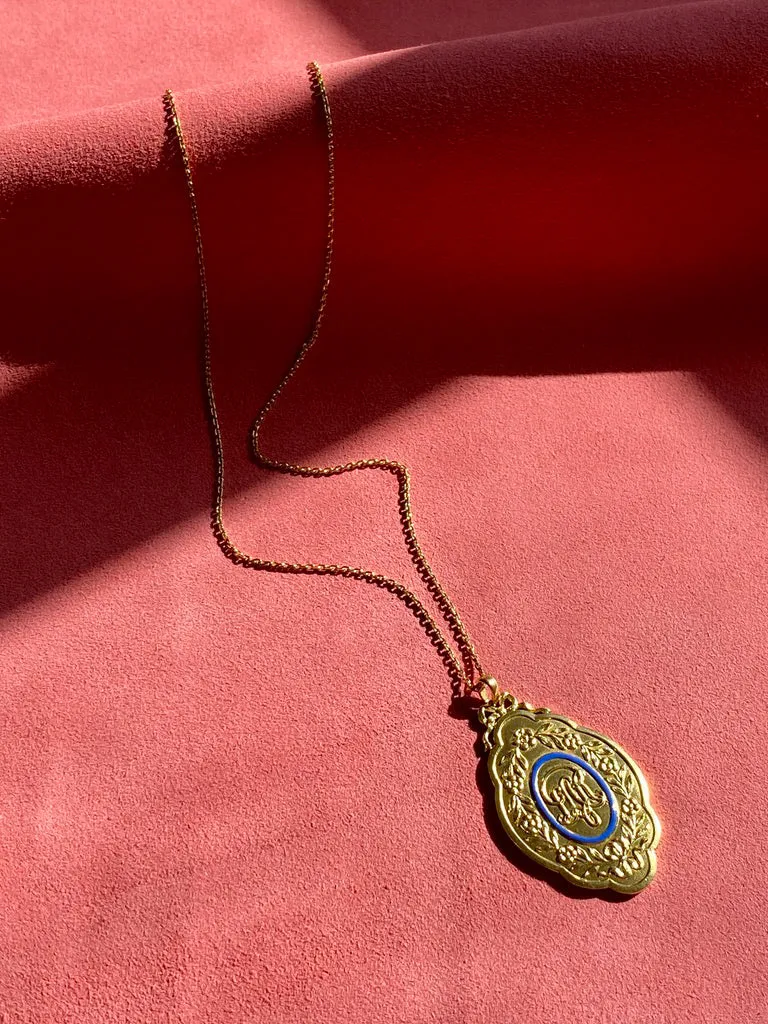 Phenomenal! 1928 Detailed Weighty 18k gold medallion pendant with blue enamel - by WA Bolin