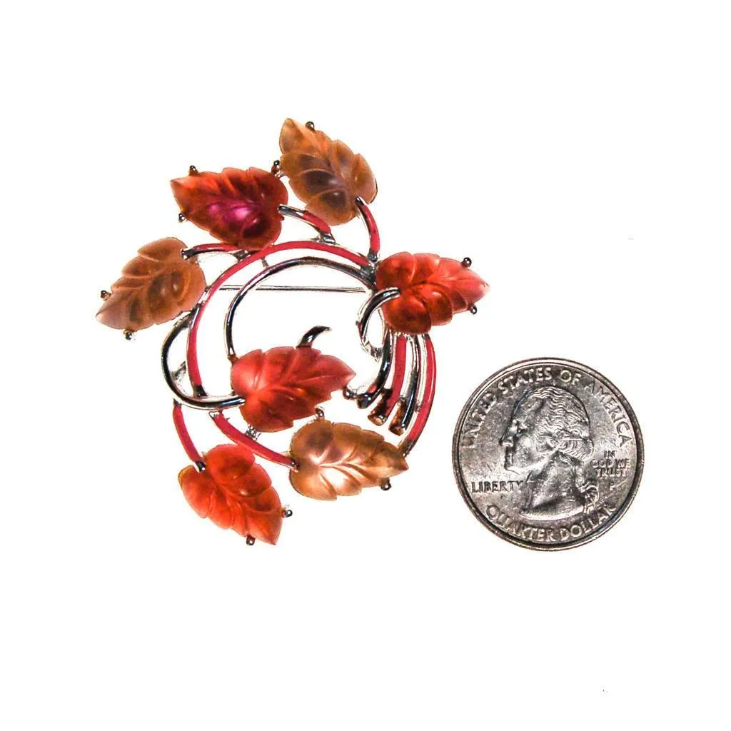 Pink and Orange Lucite Leaf Brooch, Silver Tone by STAR