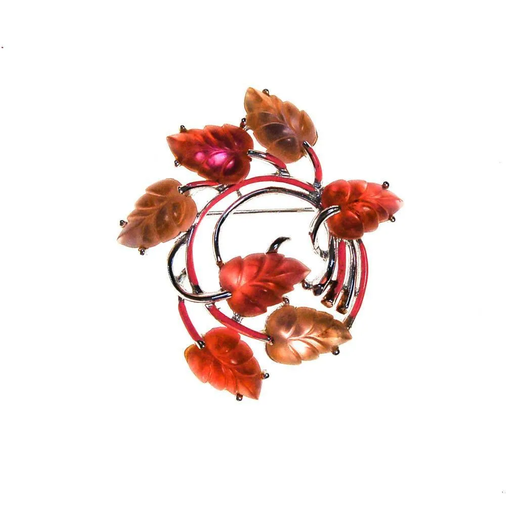 Pink and Orange Lucite Leaf Brooch, Silver Tone by STAR