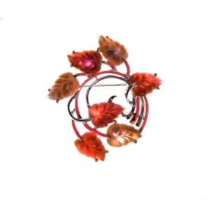 Pink and Orange Lucite Leaf Brooch, Silver Tone by STAR