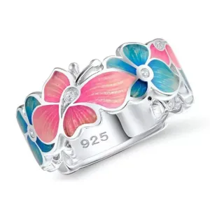 Pink Blue Enamel Butterfly Ring Exquisite Vintage 925 Silver Zircon Engagement Promise Ring Gift for Her