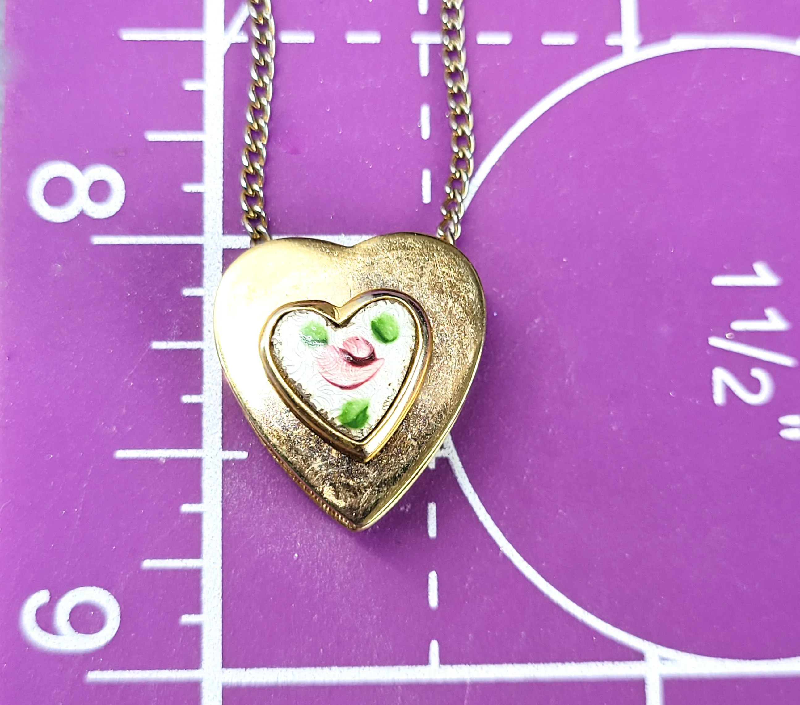Pink Guilloche enamel rose gold toned vintage slide pendant necklace
