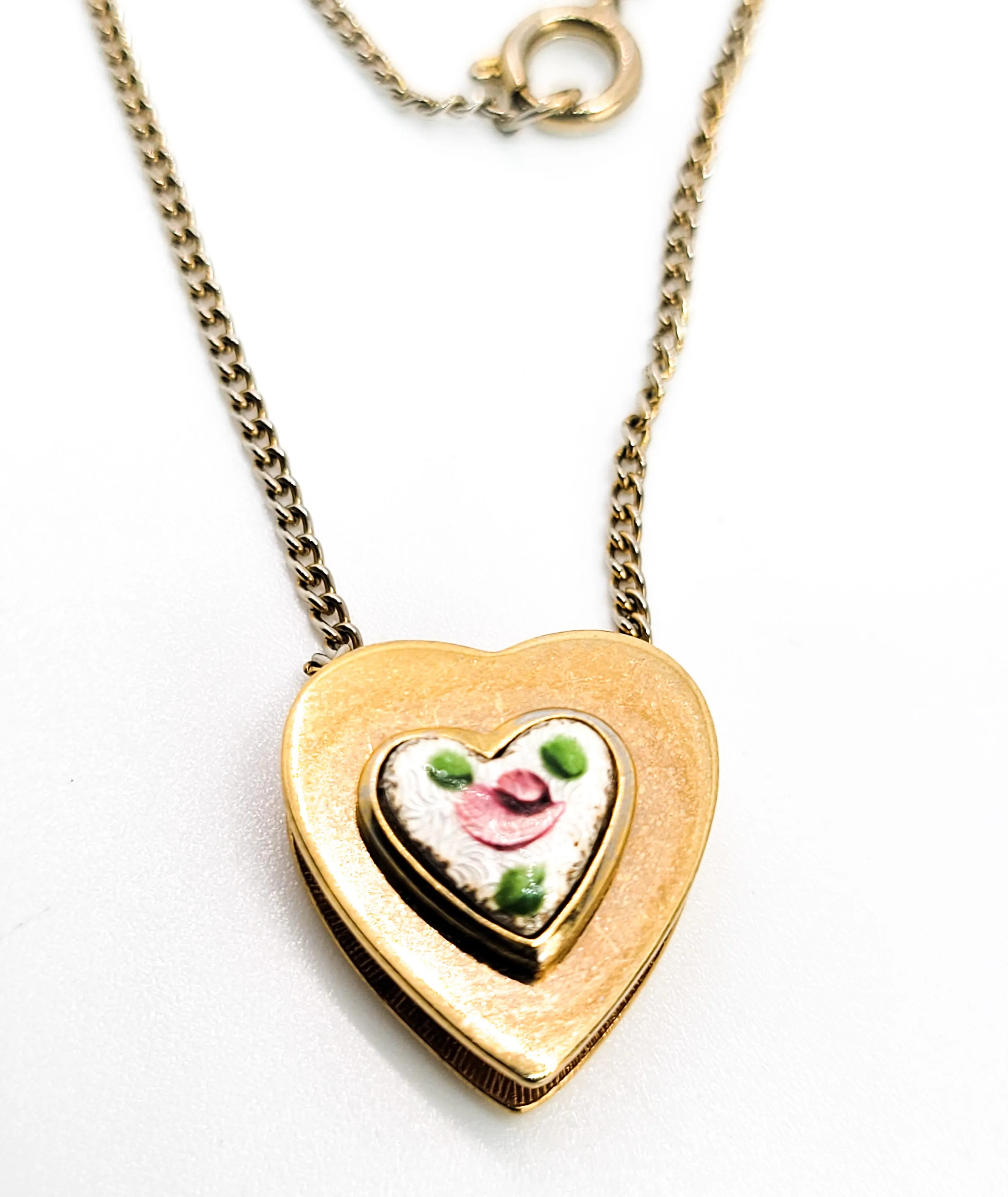 Pink Guilloche enamel rose gold toned vintage slide pendant necklace