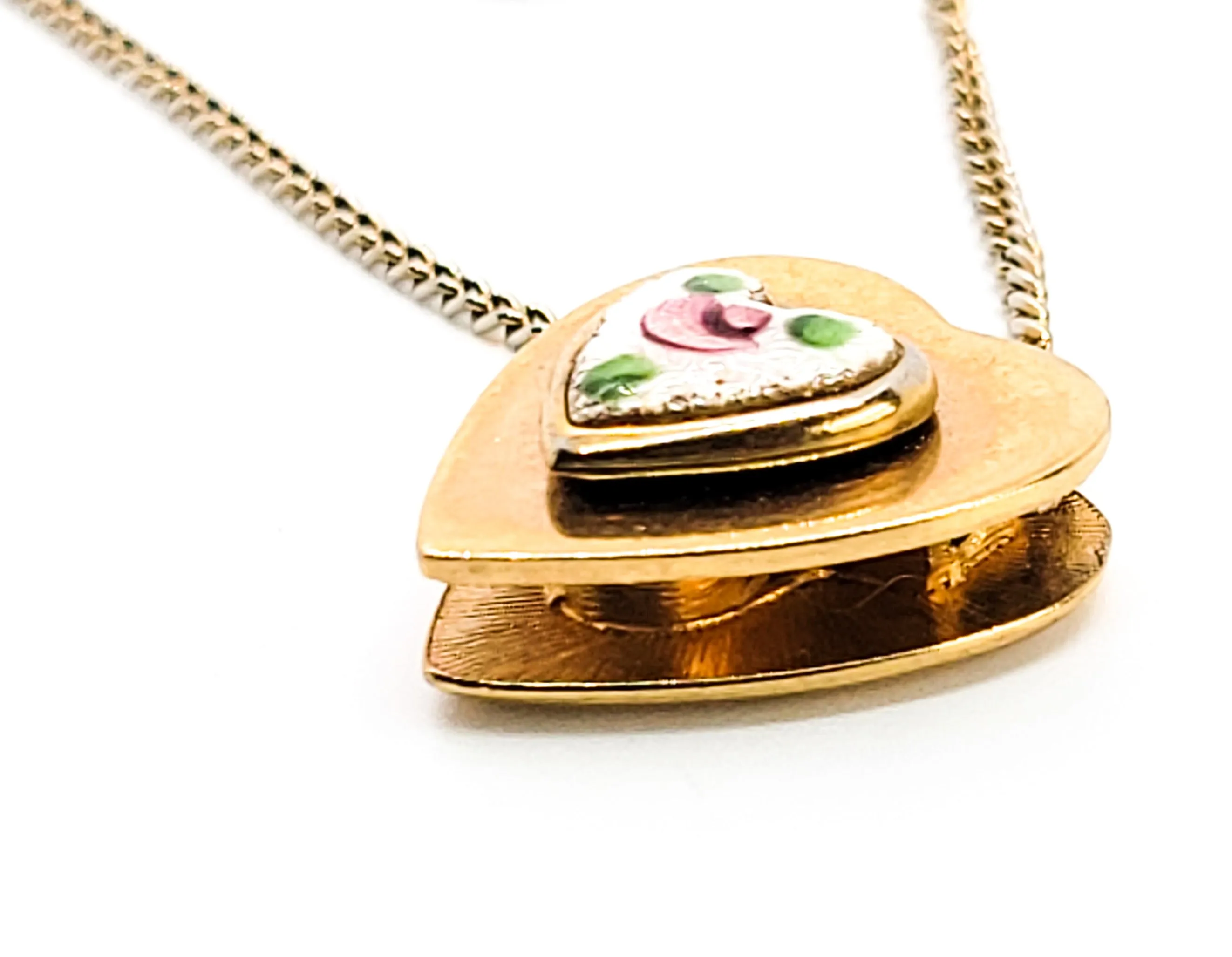 Pink Guilloche enamel rose gold toned vintage slide pendant necklace
