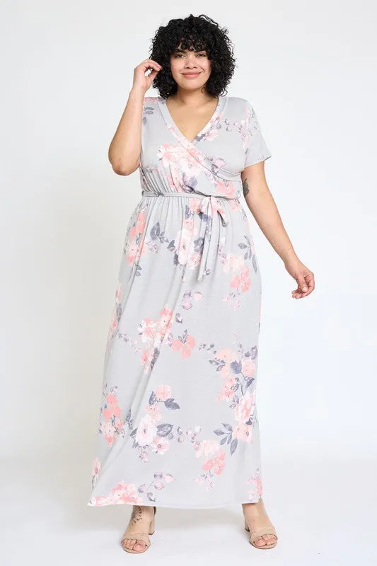 Plus Floral Surplice Bodice Sash Maxi Dress