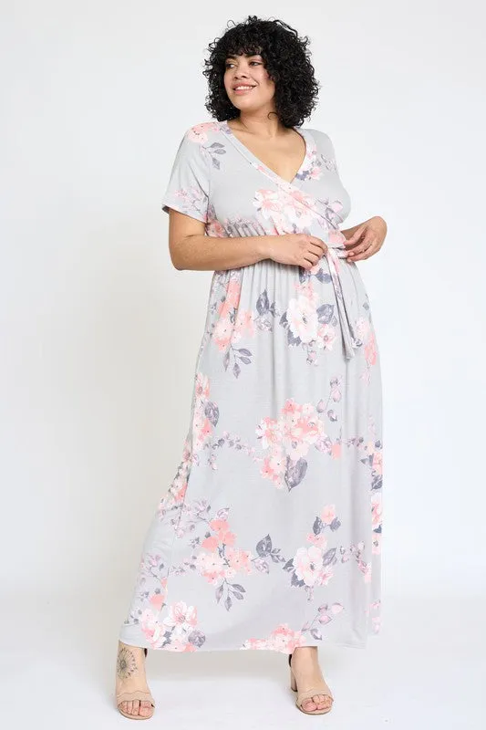 Plus Floral Surplice Bodice Sash Maxi Dress