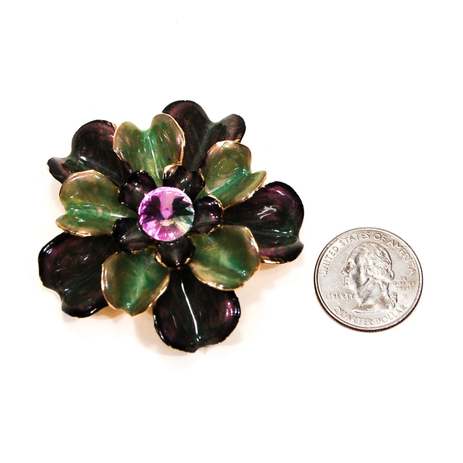 Purple and Green Enamel Flower Brooch
