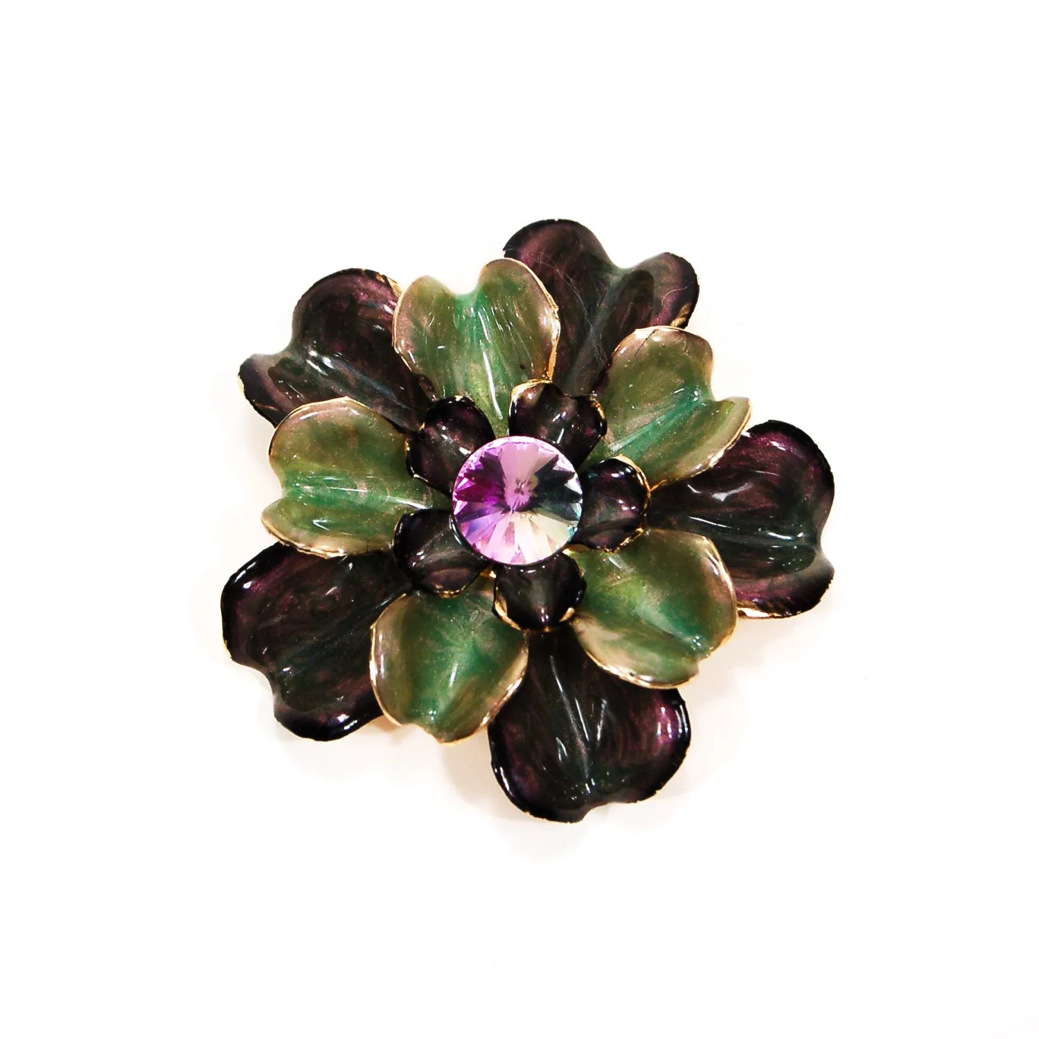 Purple and Green Enamel Flower Brooch