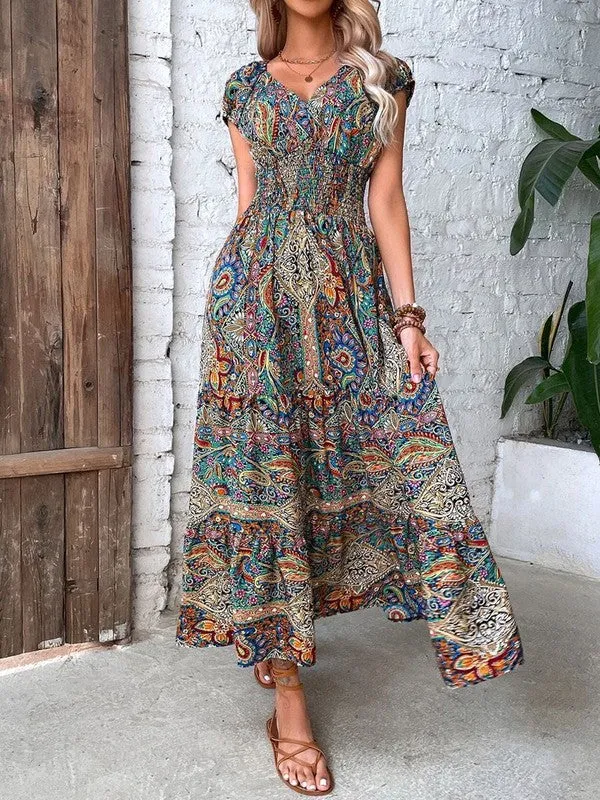 Purple Floral V-neck Midi Dress