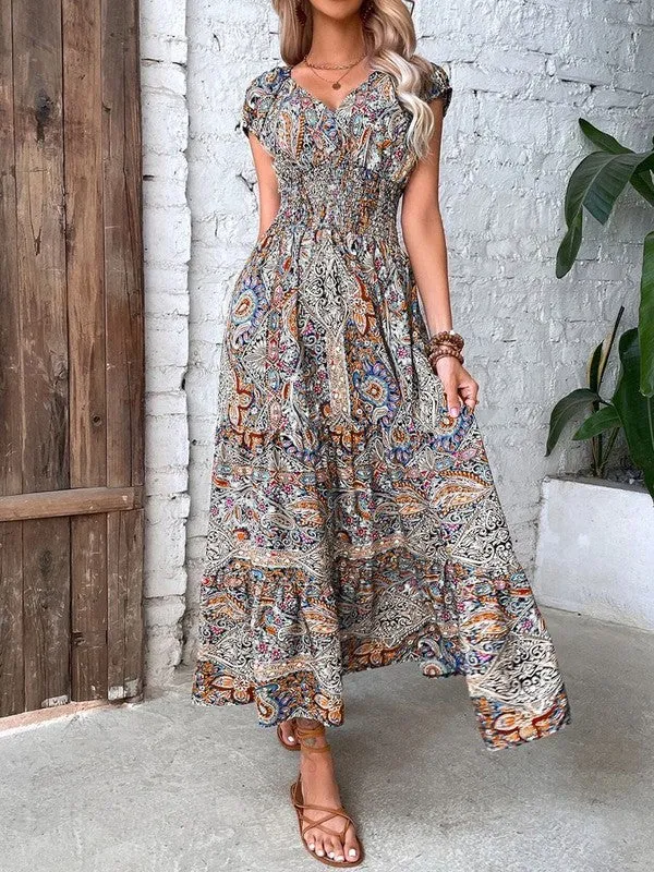 Purple Floral V-neck Midi Dress