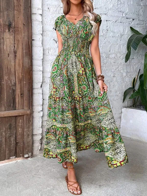 Purple Floral V-neck Midi Dress