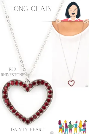 "Dainty Darling" Silver Metal & Red Rhinestone Open Heart Necklace Set