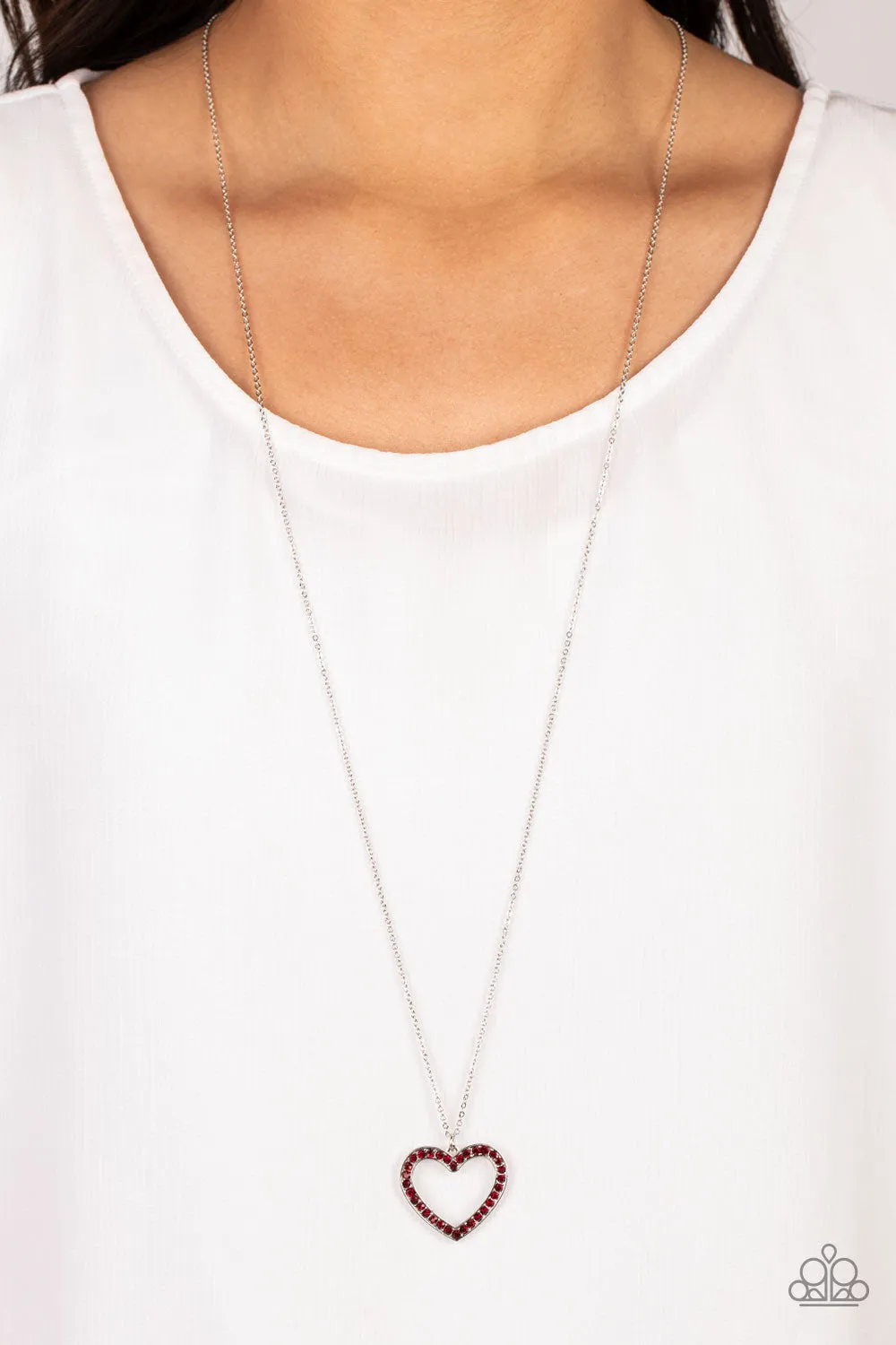 "Dainty Darling" Silver Metal & Red Rhinestone Open Heart Necklace Set