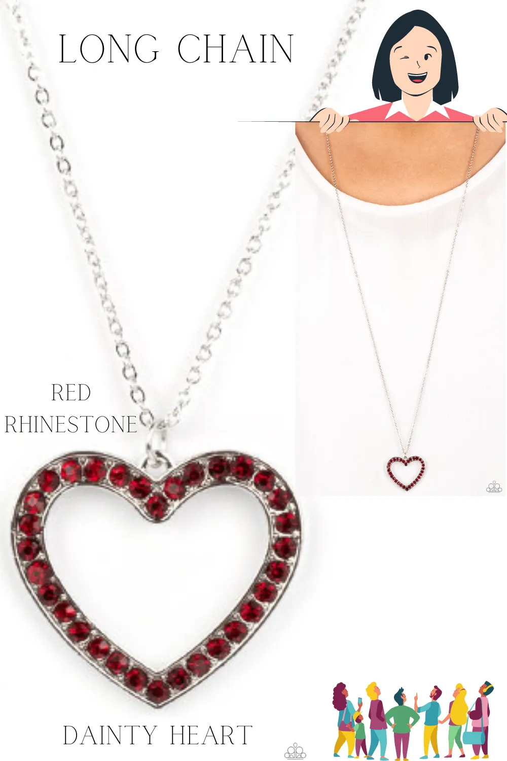 "Dainty Darling" Silver Metal & Red Rhinestone Open Heart Necklace Set