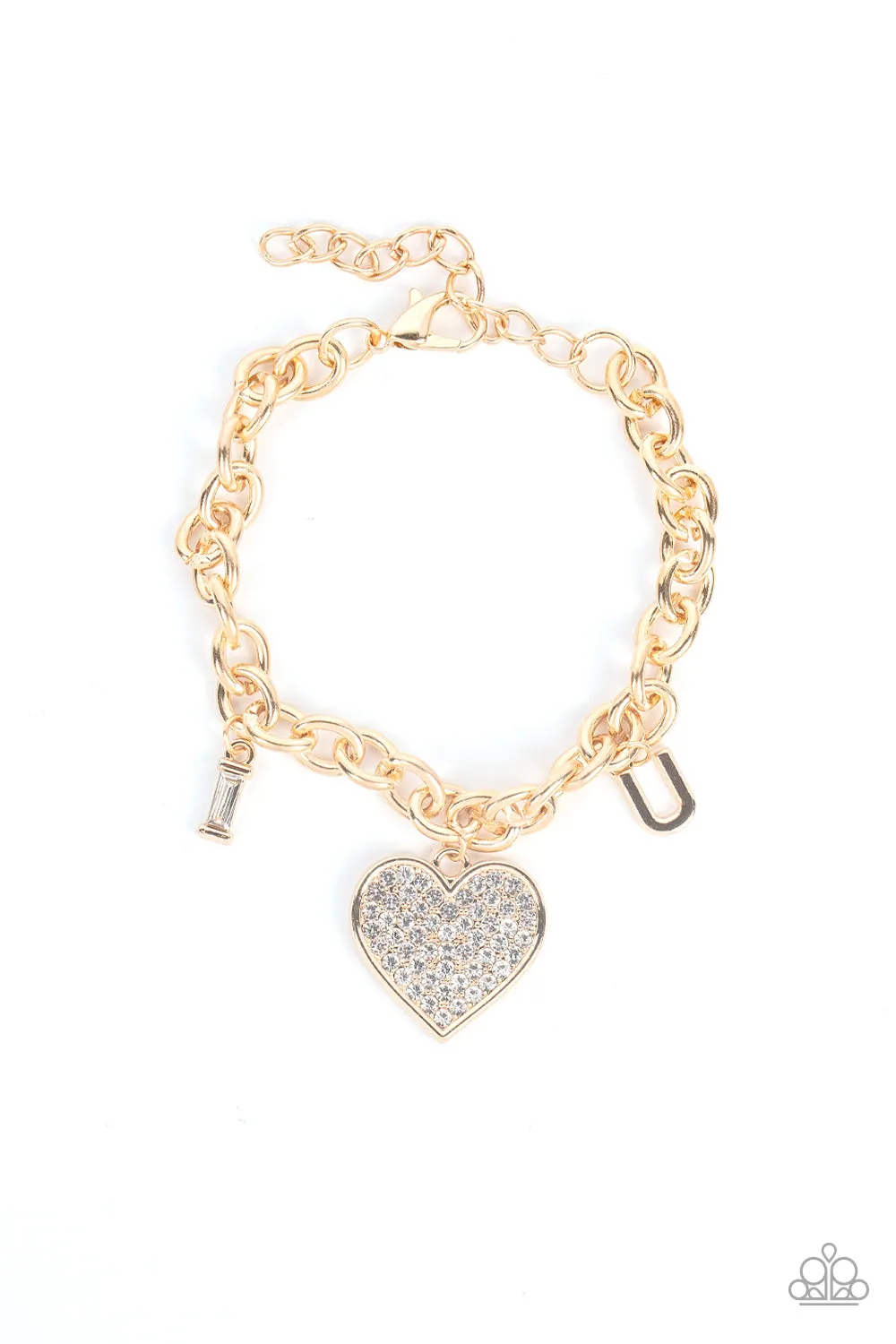 "Declaration of Love" Gold Metal & White Rhinestone "I Heart U" Charm Bracelet
