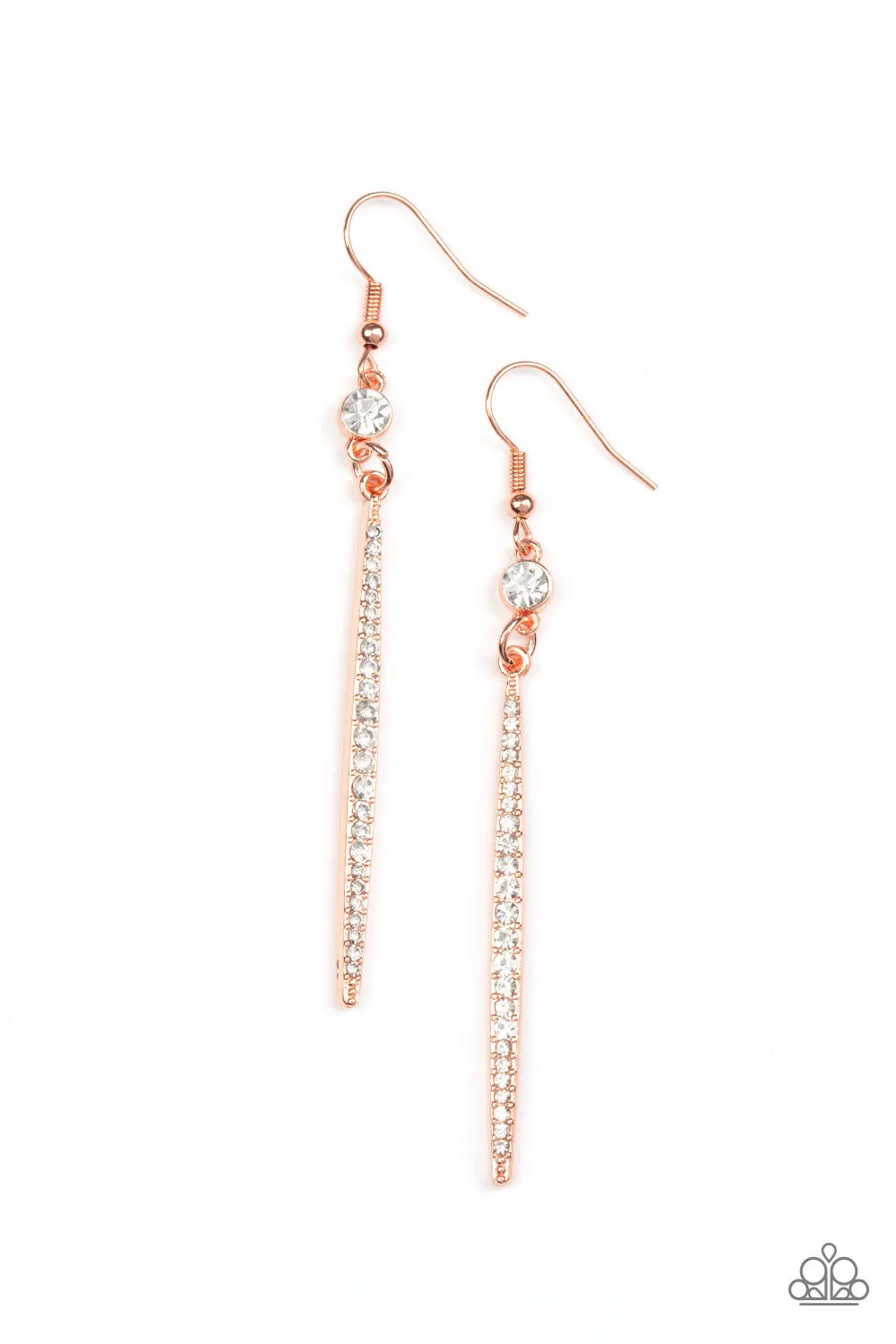 "Skyscraping Shimmer" Copper Metal & White Rhinestone Drop Bar Earrings