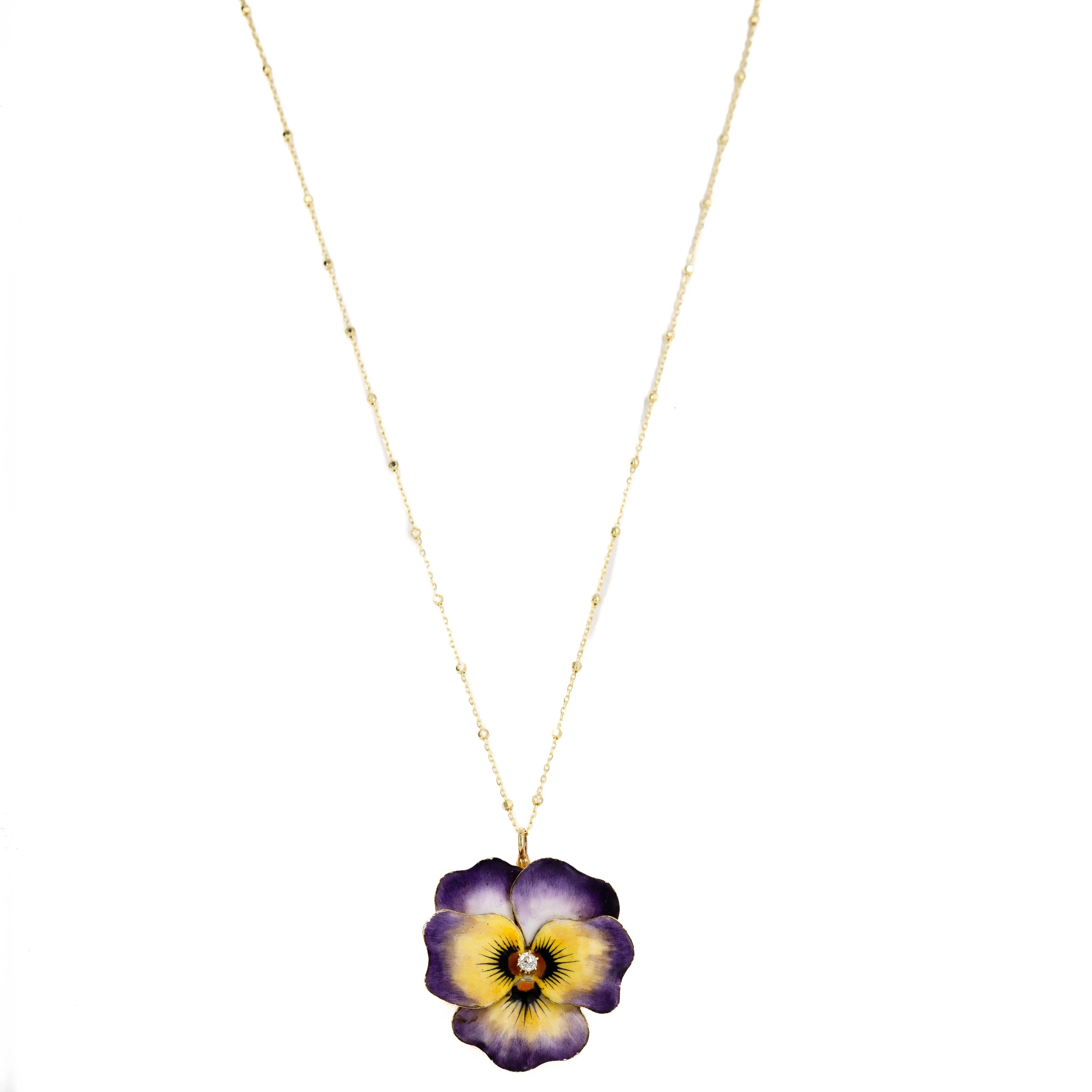 Rare Art Nouveau 14K Yellow Gold Pansy Brooch Pendant Necklace