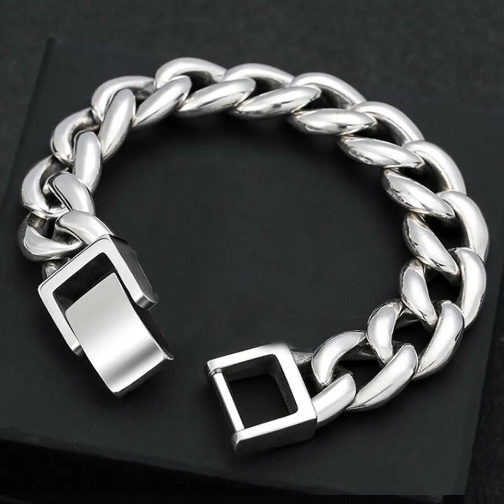 Real Solid 925 Sterling Silver Bracelet Cuban Link Chain Huge Heavy Simple Punk Jewelry 7.9"