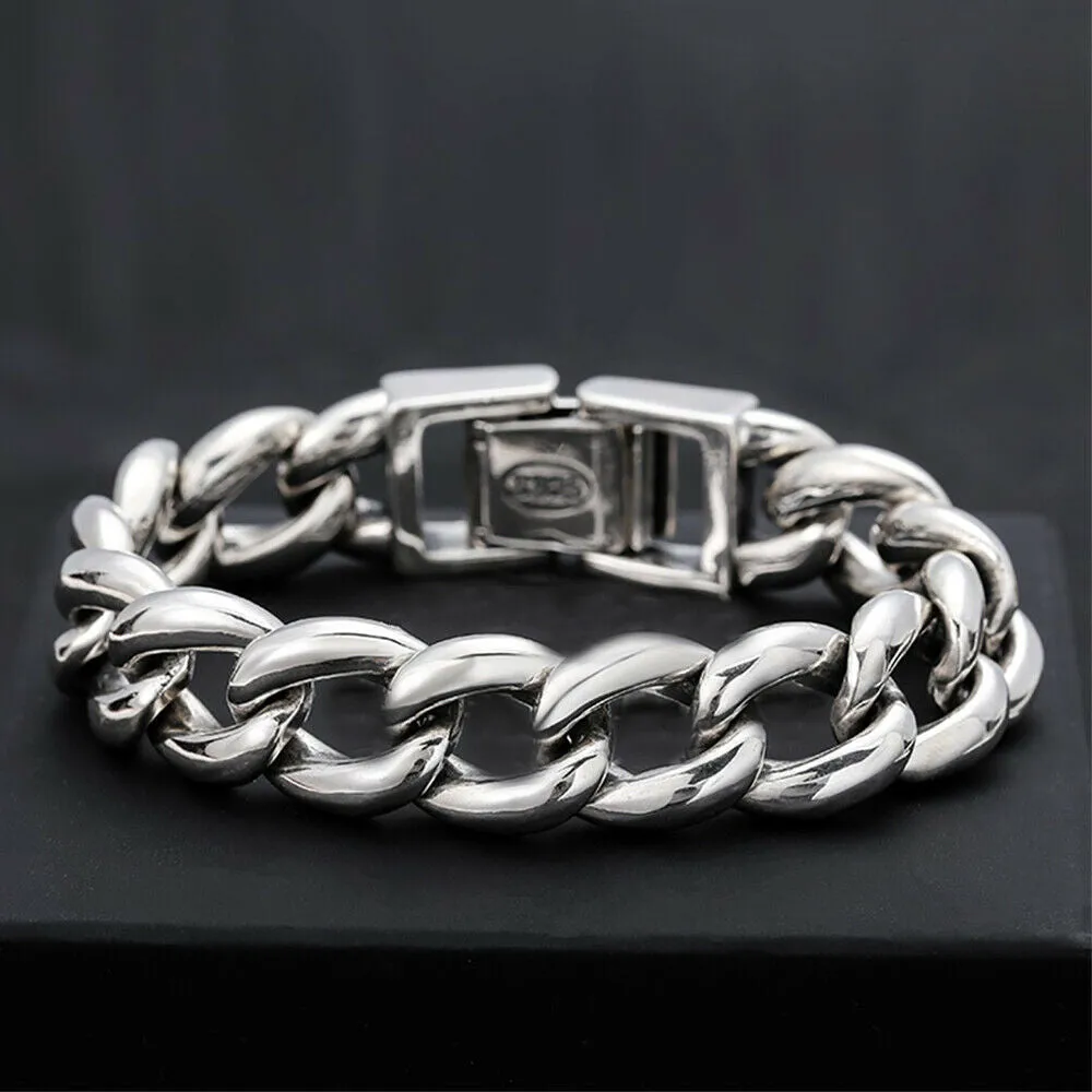 Real Solid 925 Sterling Silver Bracelet Cuban Link Chain Huge Heavy Simple Punk Jewelry 7.9"