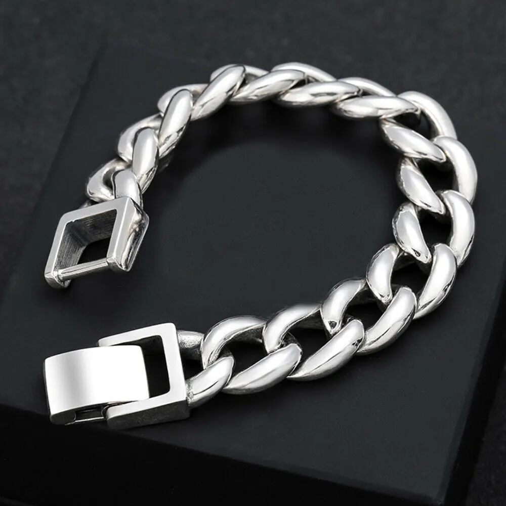 Real Solid 925 Sterling Silver Bracelet Cuban Link Chain Huge Heavy Simple Punk Jewelry 7.9"
