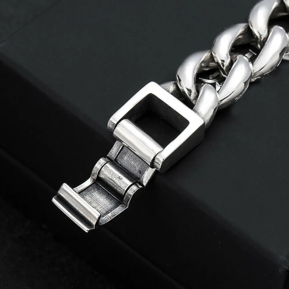 Real Solid 925 Sterling Silver Bracelet Cuban Link Chain Huge Heavy Simple Punk Jewelry 7.9"