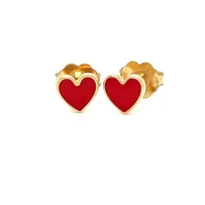 Red Enamel Heart Stud Earrings in Solid 14K Gold.
