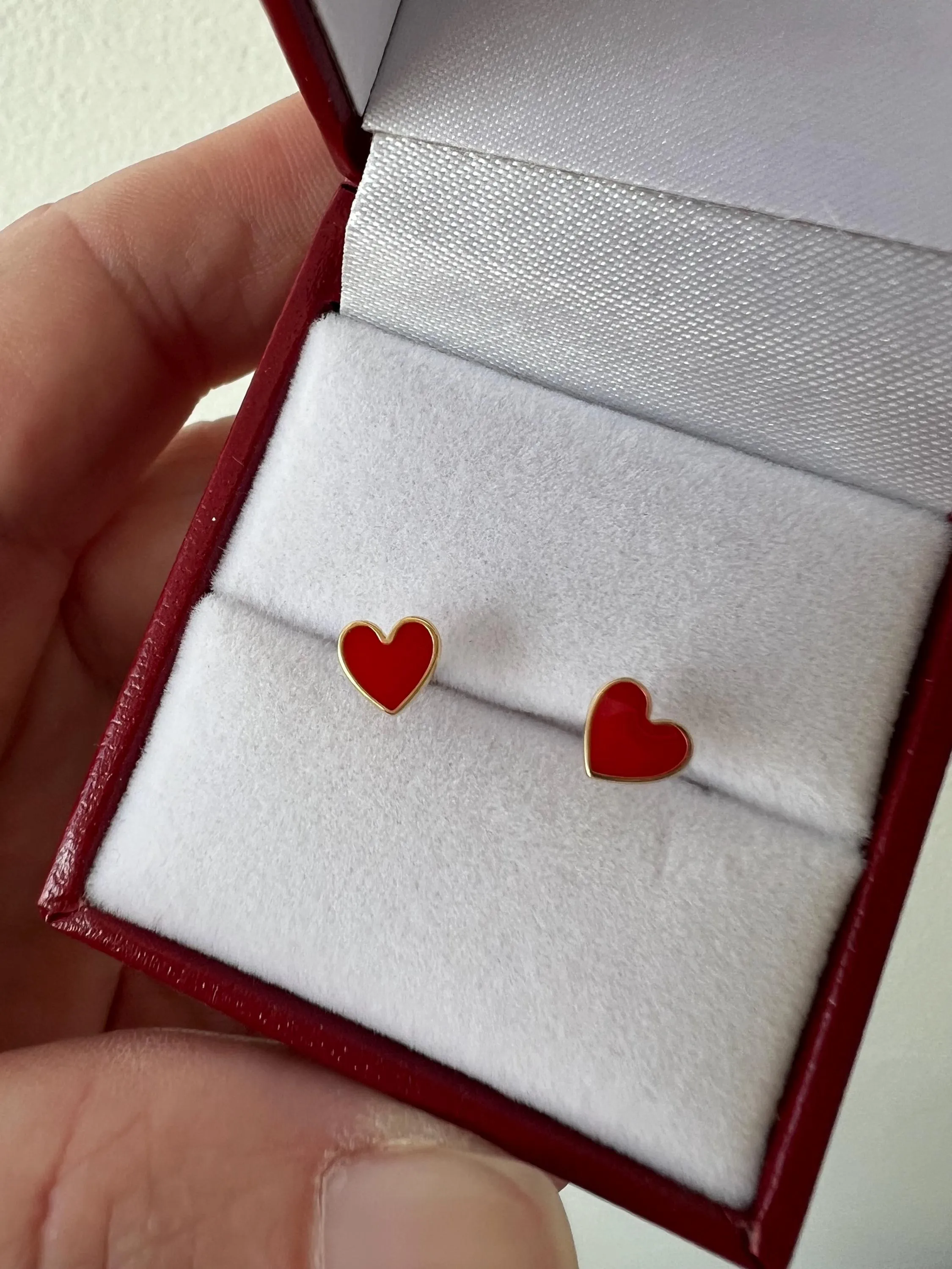 Red Enamel Heart Stud Earrings in Solid 14K Gold.