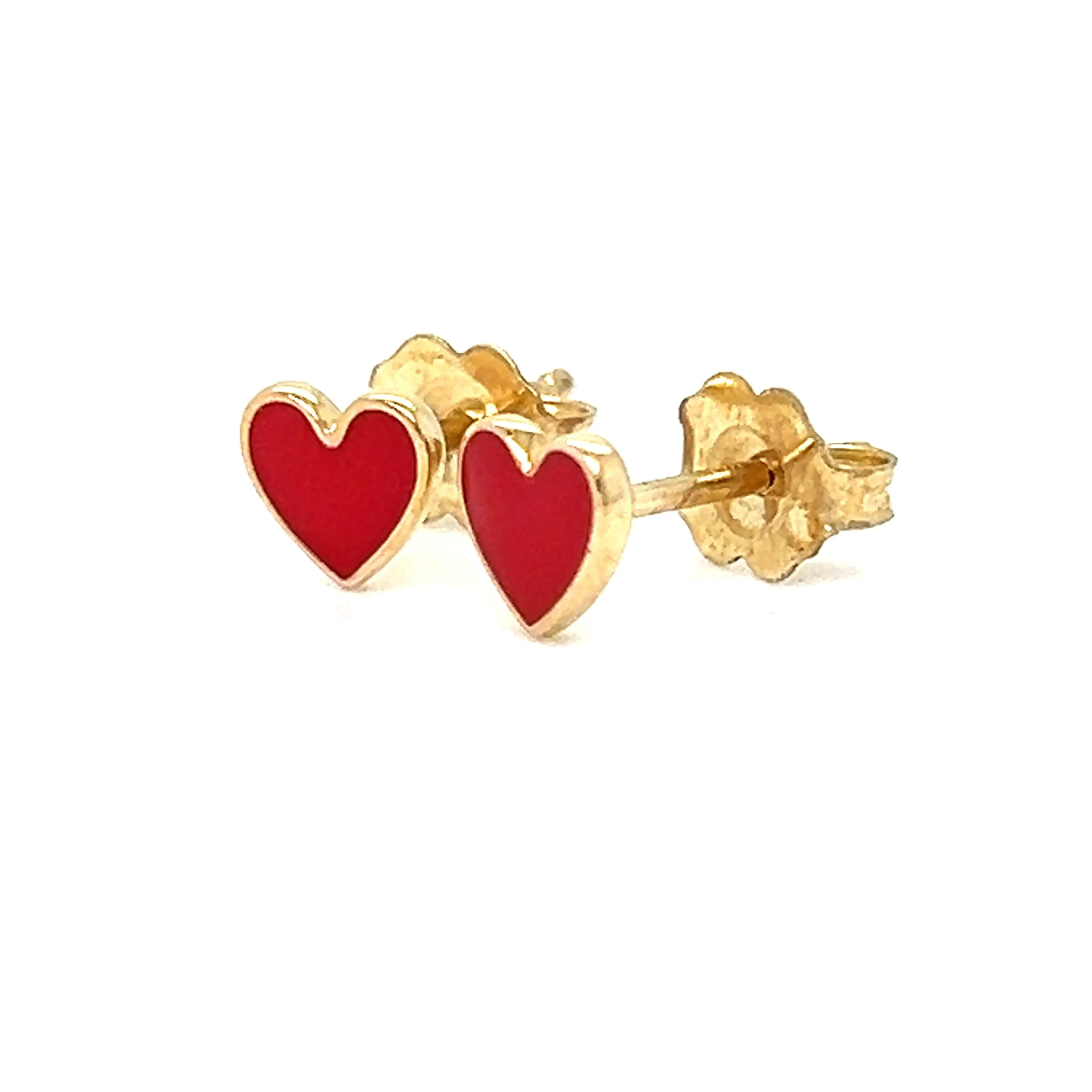 Red Enamel Heart Stud Earrings in Solid 14K Gold.