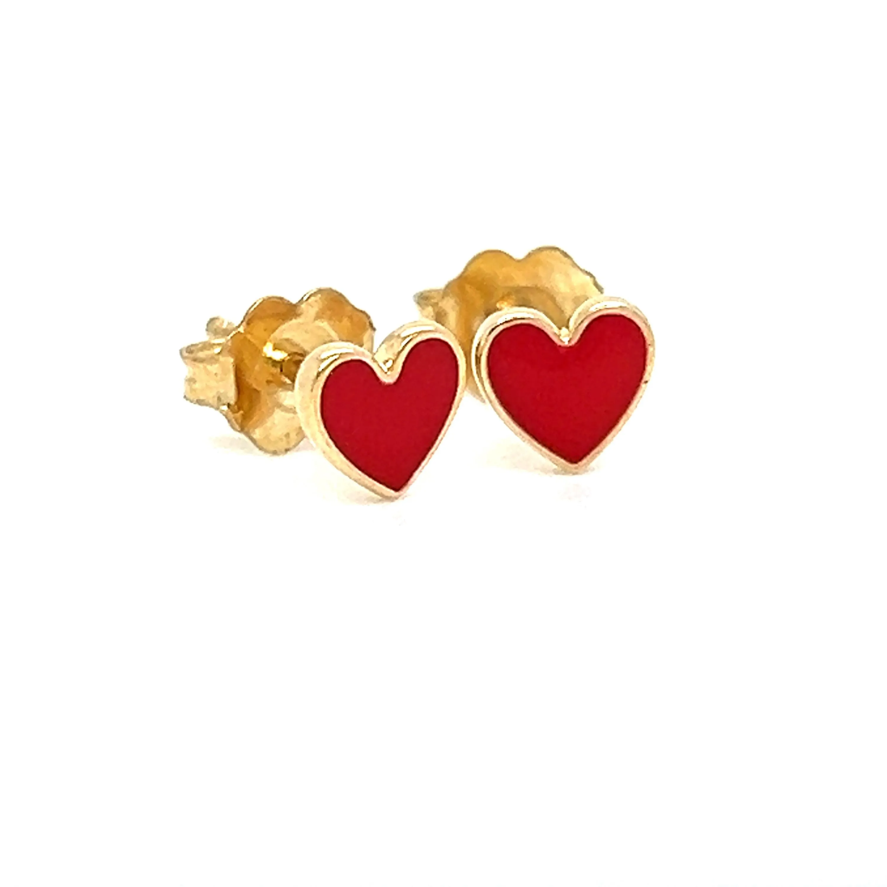 Red Enamel Heart Stud Earrings in Solid 14K Gold.