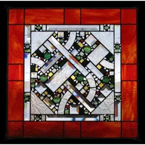 Red Orange Border Geometric Stained Glass Window Panel by Edel Byrne
