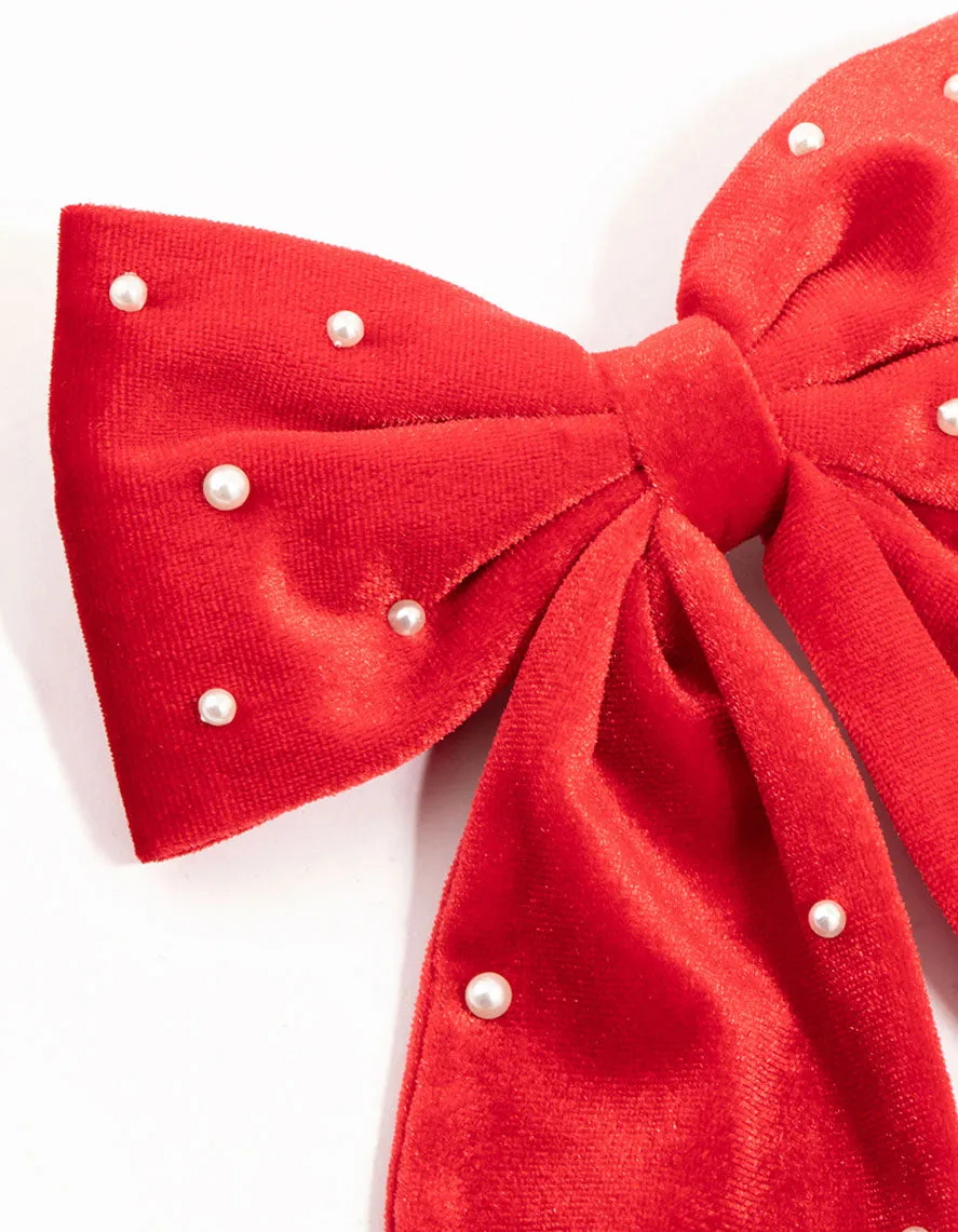 Red Velvet Pearl Bow Clip