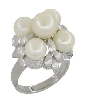 Retro Moderne Flowers and Leaves Vintage Pearl Cluster Ring in 14 Karat White Gold